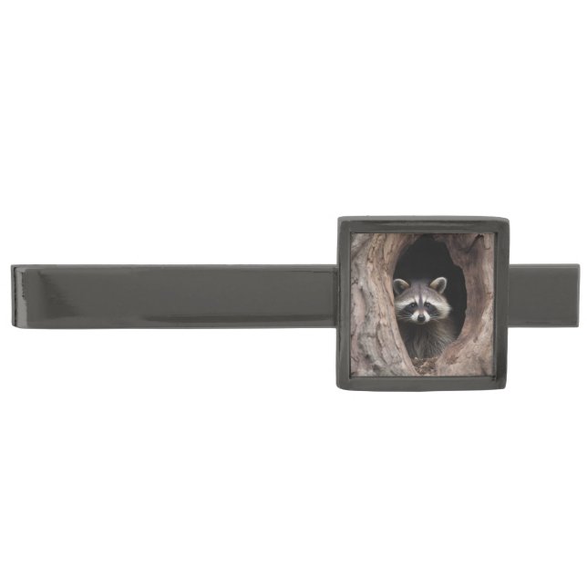 Racoon in Tree Cave  Gunmetal Finish Tie Bar (Front)