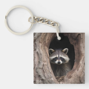 Racoon in Tree Cave Keychain