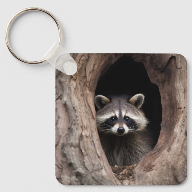 Racoon in Tree Cave  Keychain (Front)