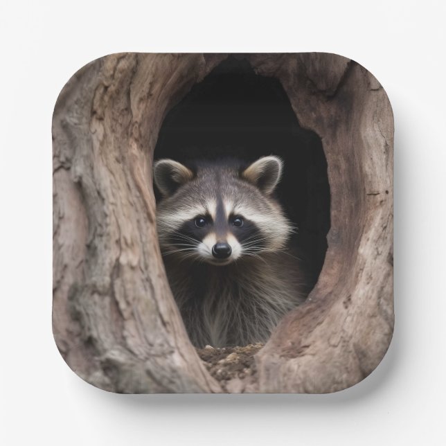 Racoon in Tree Cave  Paper Plates (Front)