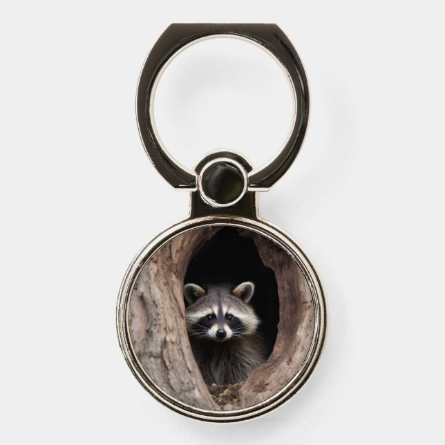 Racoon in Tree Cave  Phone Ring Stand (Front)