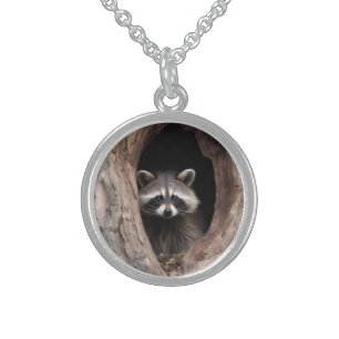 Racoon in Tree Cave  Sterling Silver Necklace