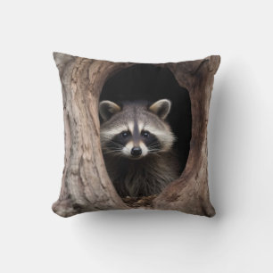 Racoon in Tree Cave Throw Pillow