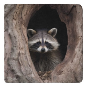Racoon in Tree Cave Trivet