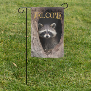 Racoon in Tree Cave Welcome Flag