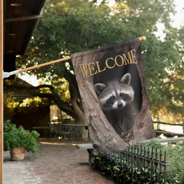 Racoon in Tree Cave Welcome House Flag (In SItu)