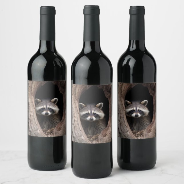 Racoon in Tree Cave  Wine Label (Bottles)