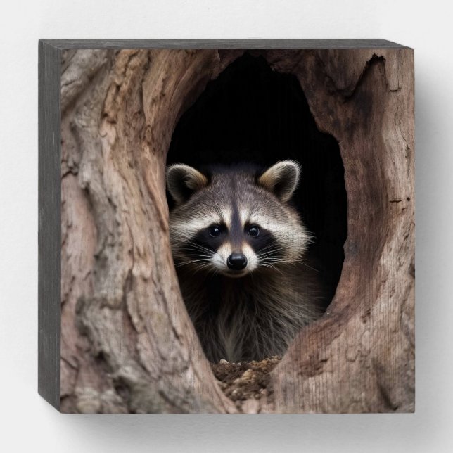 Racoon in Tree Cave  Wooden Box Sign (Front Horizontal)
