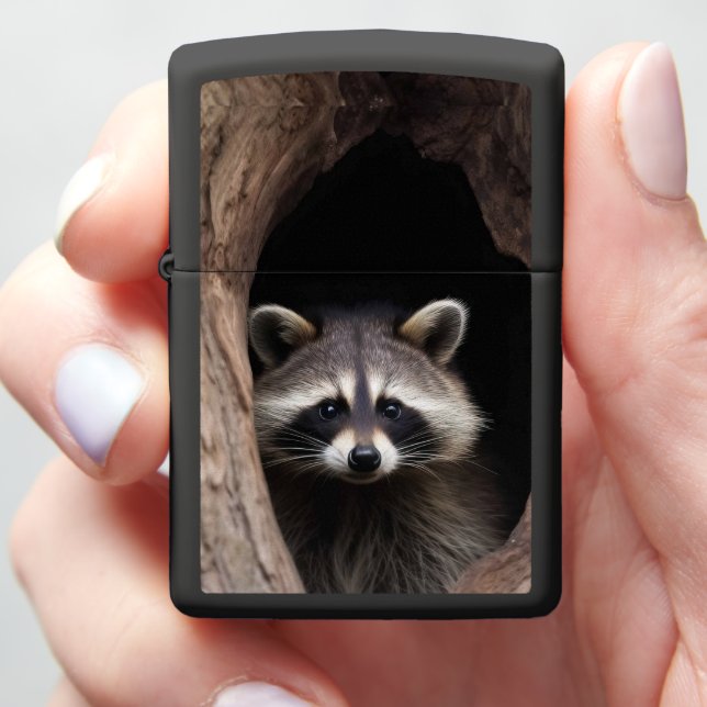 Racoon in Tree Cave  Zippo Lighter (In Hand)