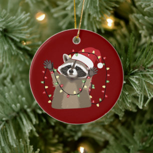 Racoon Lover Christmas Lights Animal Santa Hat  Ceramic Ornament