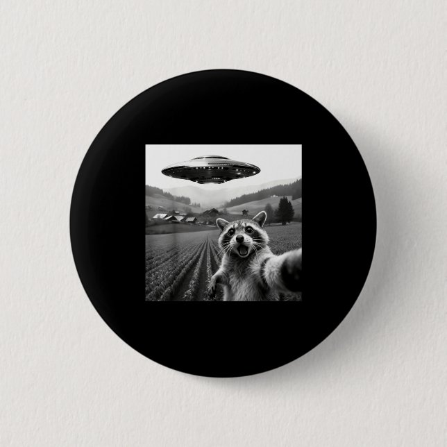 Racoon Selfie With Alien Ufo Funny Racoon Alien Bi Button (Front)