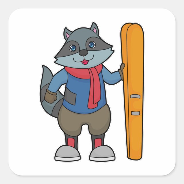 Racoon Skier Ski Square Sticker (Front)
