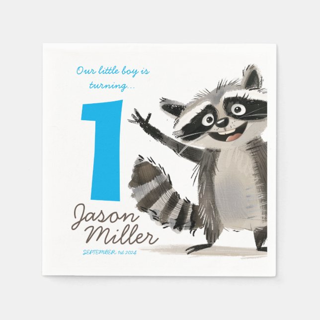 Racoon themed birthday party for babe turning 1  napkins (Front)