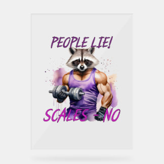 Racoon trainer, athlete, dumbbells acrylic sign