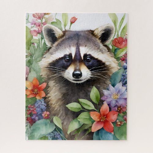 Racoon Watercolor Floral Portrait Jigsaw Puzzle