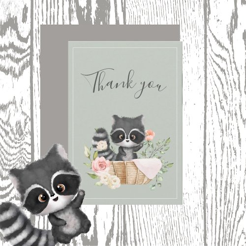 Racoon Watercolor Sage Green Baby Shower Thank You Card