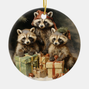 Racoons and Christmas Presents Ceramic Ornament