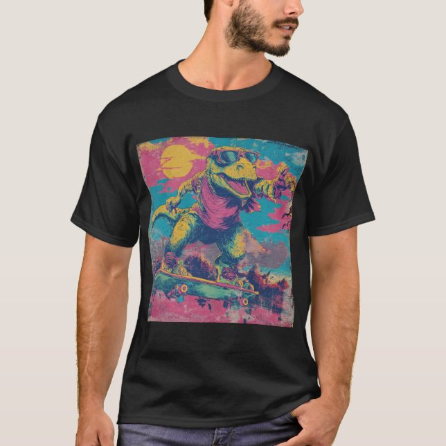 Rad 80s Dino Skater with Shades T-Shirt (Front)