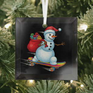 Rad Christmas Skateboarding Snowman Glass Ornament