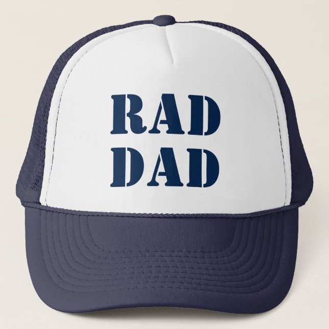 Rad Dad navy blue white modern typography cool Trucker Hat (Front)