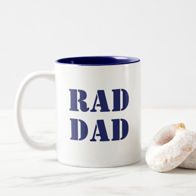 Rad Dad navy blue white modern typography cool Two-Tone Coffee Mug (With Donut)