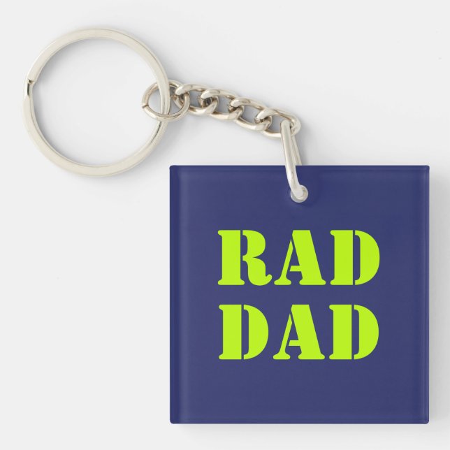 Rad Dad neon green navy blue modern typography Keychain (Front)