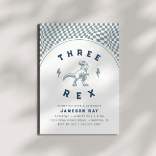 Rad Dinosaur Three Rex Boys Blue Birthday Invitation