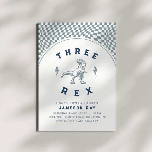 Rad Dinosaur Three Rex Boys Blue Birthday Invitation