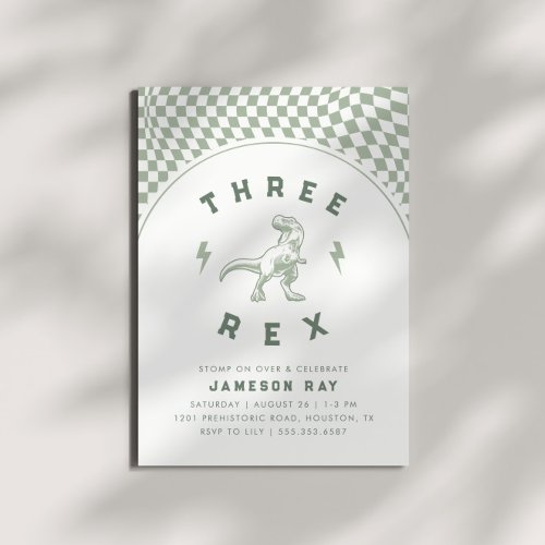 Rad Dinosaur Three Rex Boys Green Birthday Invitation