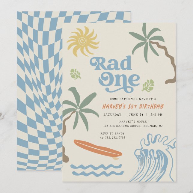 Rad One Retro Surf Little Dude First Birthday Invitation (Front/Back)