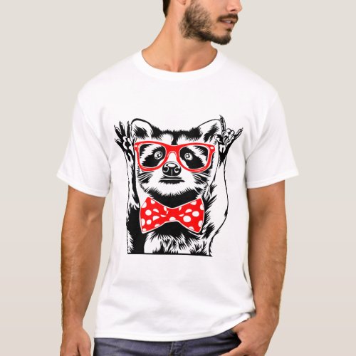 Rad Raccoon wearing Red Glasses and White polka do T_Shirt