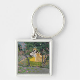 Radha and Krishna embrace in a grove of flowering Keychain