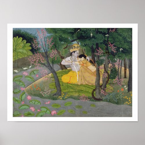 Radha and Krishna embrace in a grove of flowering Poster