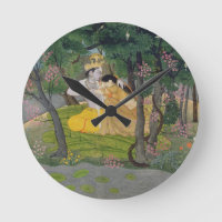 Radha and Krishna embrace in a grove of flowering
