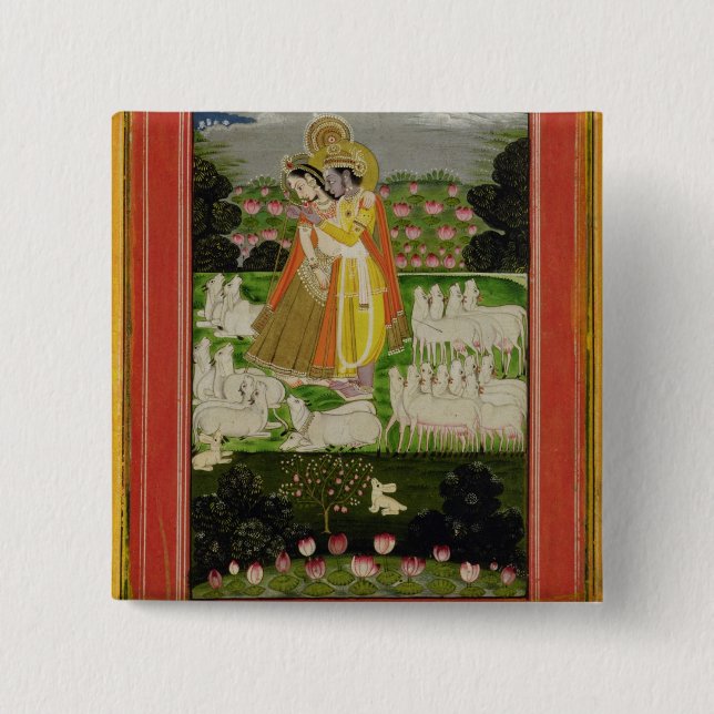 Radha and Krishna embrace in an idealised landscap Button (Front)