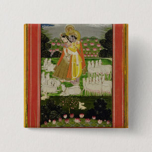 Radha and Krishna embrace in an idealised landscap Button
