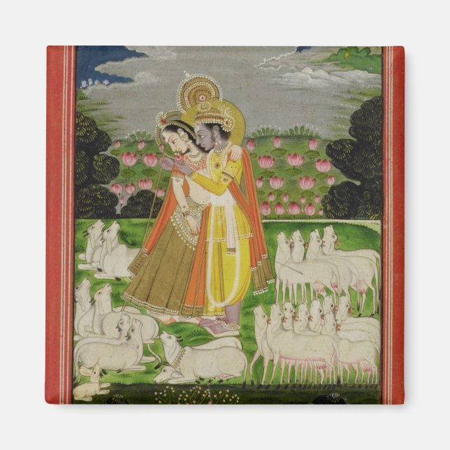 Radha and Krishna embrace in an idealised landscap Magnet (Front)