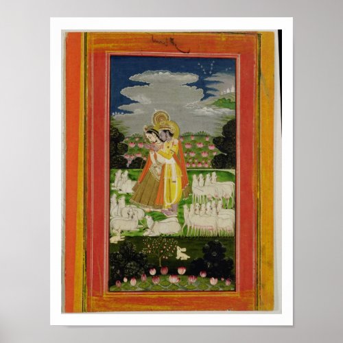 Radha and Krishna embrace in an idealised landscap Poster