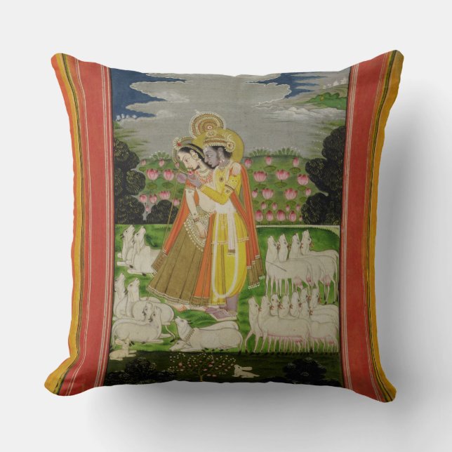 Radha and Krishna embrace in an idealised landscap Throw Pillow (Front)