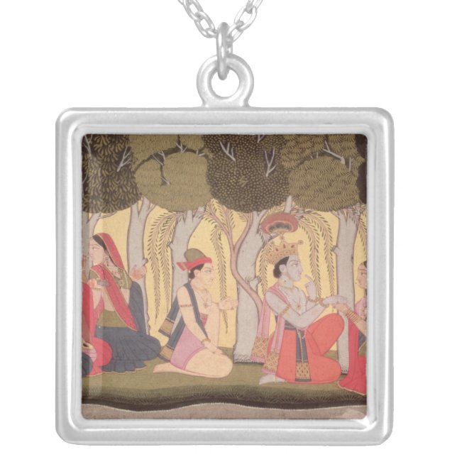 Radha and Krishna seated in a grove, Kulu Silver Plated Necklace (Front)