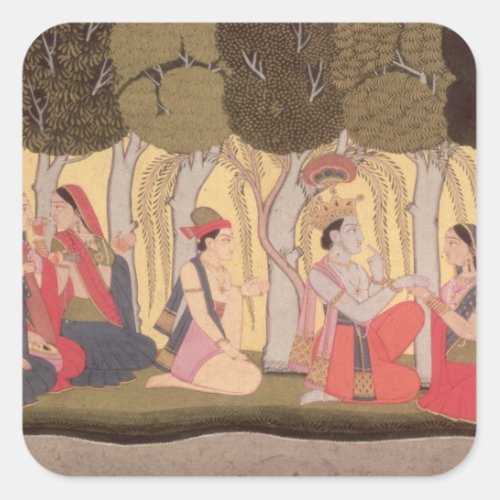 Radha and Krishna seated in a grove Kulu Square Sticker
