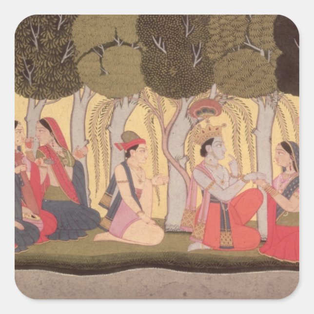 Radha and Krishna seated in a grove, Kulu Square Sticker (Front)