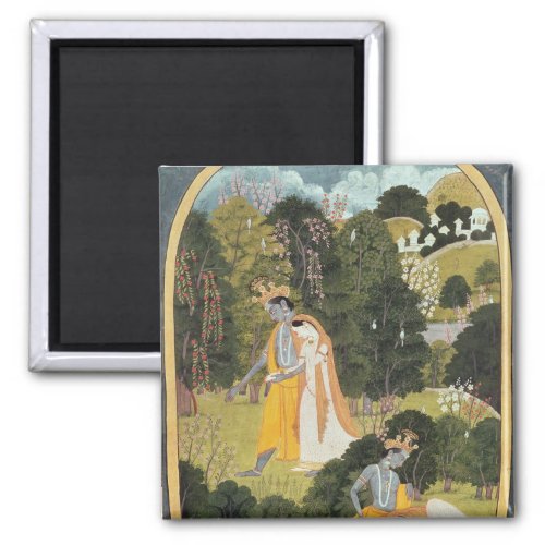 Radha and Krishna walking in a grove Magnet