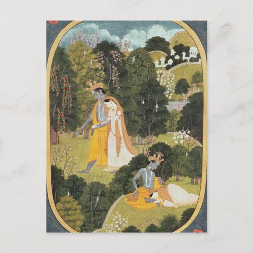 Radha and Krishna walking in a grove Postcard