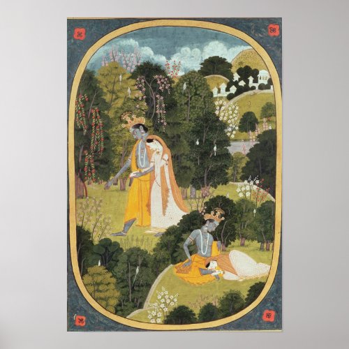 Radha and Krishna walking in a grove Poster