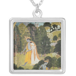 Radha and Krishna walking in a grove Silver Plated Necklace