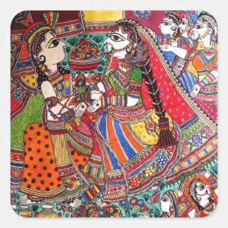 RADHA KRISHNA HINDU GODS MADHUBANI ART STYLE SQUARE STICKER