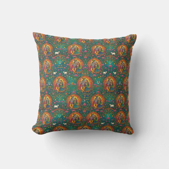 Radhe Krishna Pattern Throw Pillow (Front)