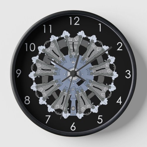 Radial Engine Wall Clock with a Black Background
