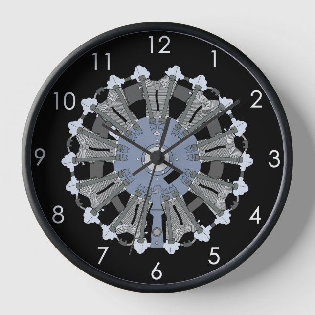 Radial Engine Wall Clock with a Black Background (Front)